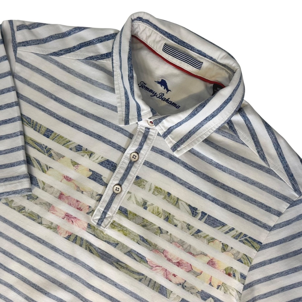 Tommy Bahama Mens MEDIUM‎ Polo Shirt Blue Stripe Floral Short Sleeve Pima Cotton